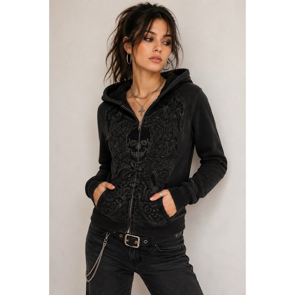 INC International Concept Embroidered Skull Hoodie Black Y2K Goth Fleece Lined S